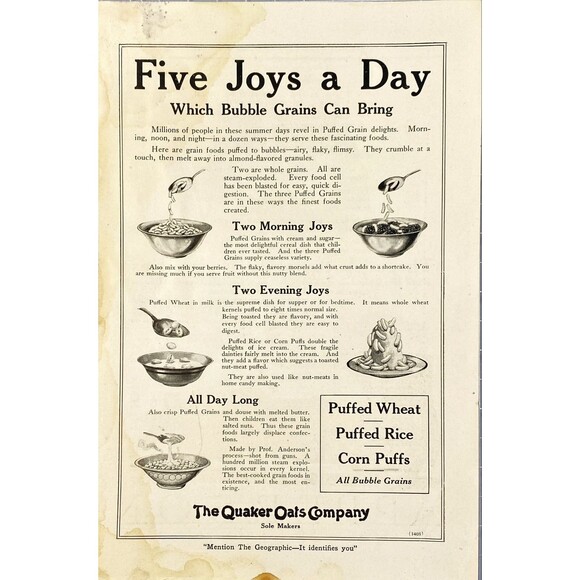 Quaker Oats Company "Puffed Wheat - Rice & Corn Puffs" Vintage Print Ad 1920 - Picture 1 of 3